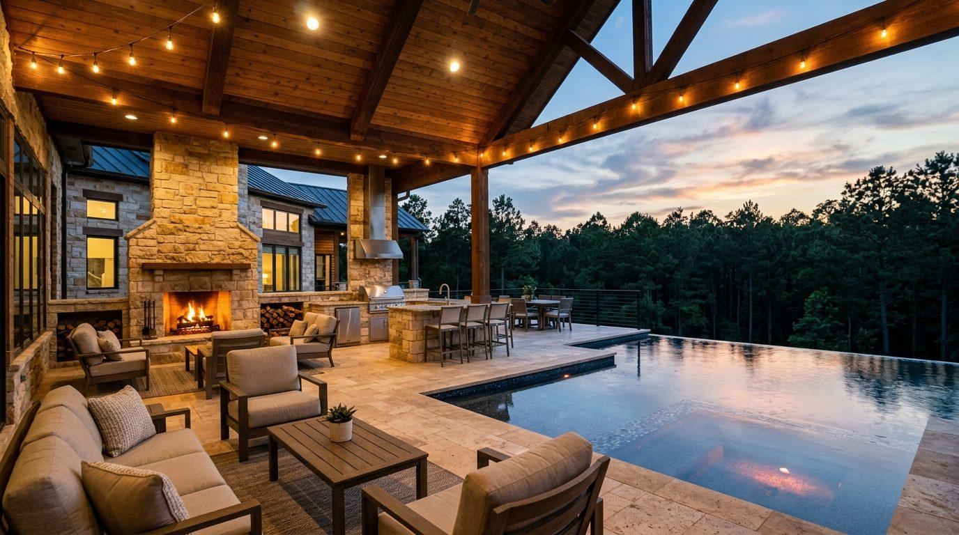 Resort Outdoor Living Pavilion & Infinity Pool in Crown Ranch Texas