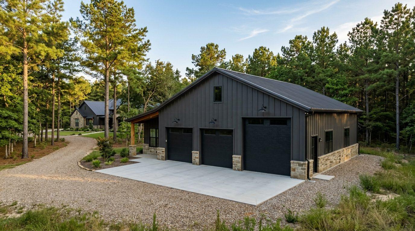 Custom metal barn garage outbuilding with RV bay doors in Texas Grand Ranch